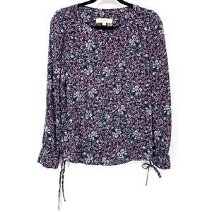 Loft Long Tie Sleeve Blouse Womens Size XS Gray Pink Purple Floral Print